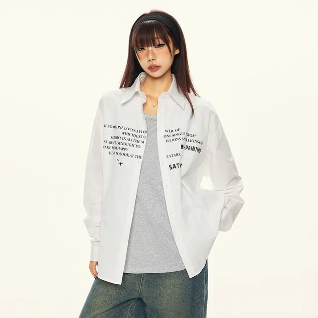 玫丝朵 字母印花设计学院风休闲长袖衬衫 女款 白色
