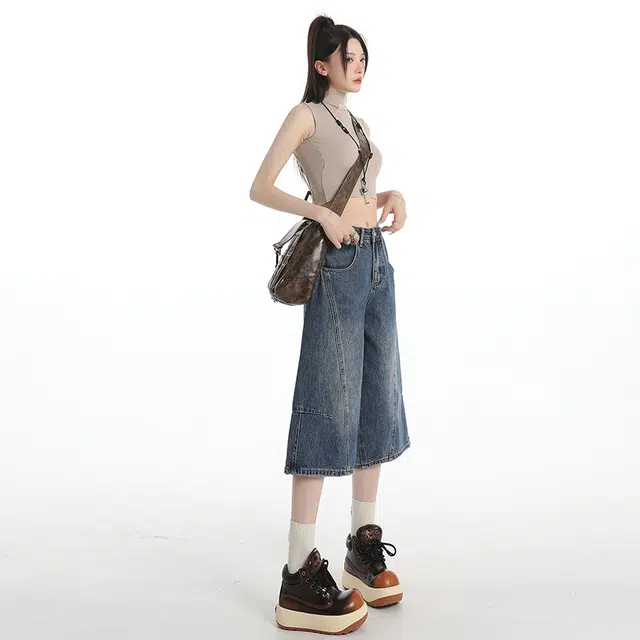 玫丝朵 美式复古高腰阔腿裤宽松百搭七分直筒牛仔短裤 女款