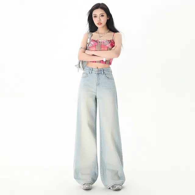 玫丝朵 美式高街复古宽松直筒阔腿牛仔裤 女款