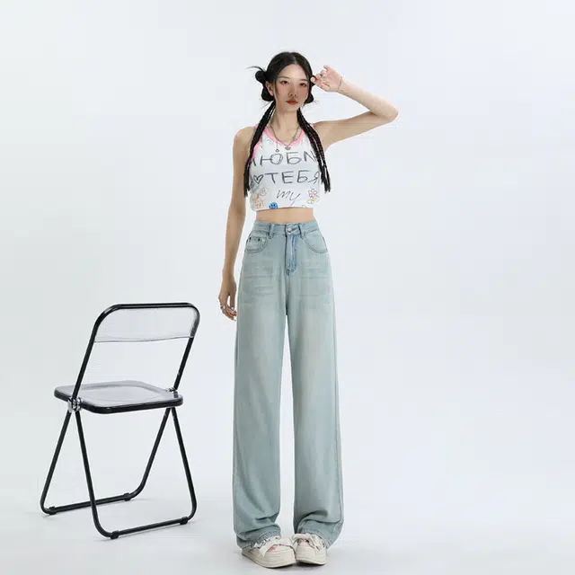 玫丝朵 做旧高腰拉链垂感宽松透气阔腿牛仔裤 女款 怀旧蓝