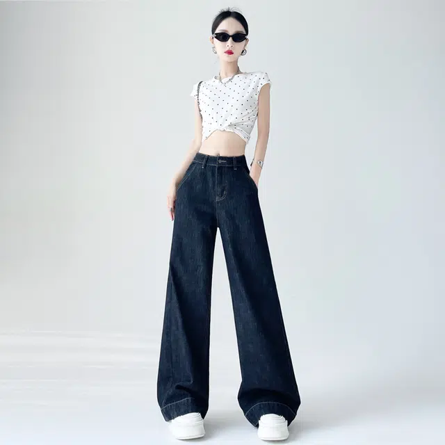 玫丝朵 复古百搭高腰宽松阔腿拖地牛仔裤 女款