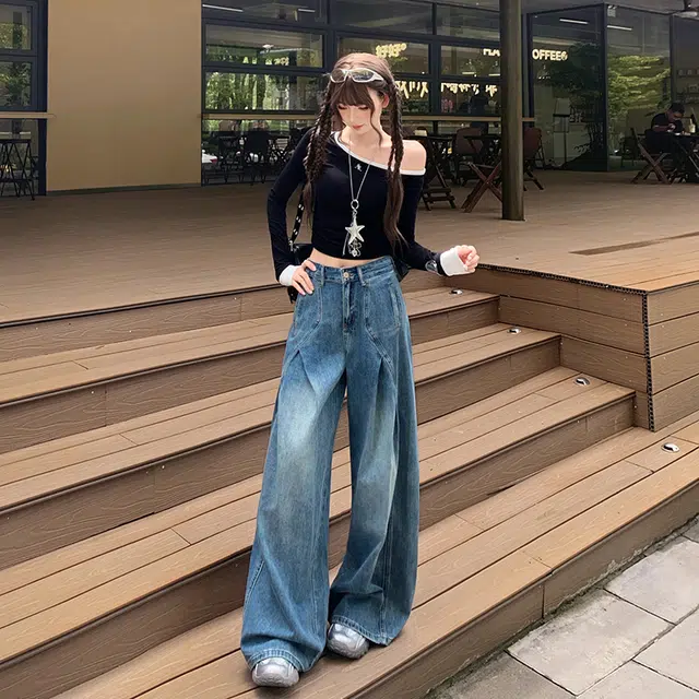 玫丝朵 美式复古辣妹宽松褶皱设计阔腿时尚百搭休闲直筒舒适牛仔裤 女款