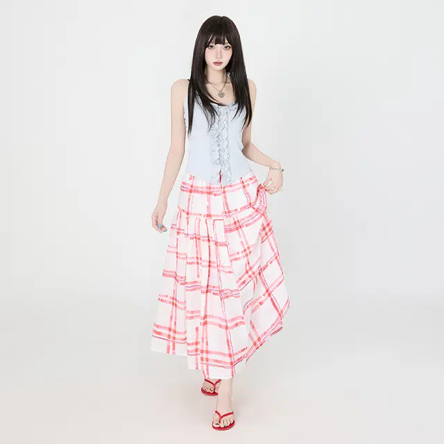 玫丝朵 简约时尚百搭温柔格纹拼接休闲长裙 女款