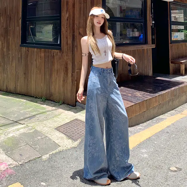 玫丝朵 美式复古小众提花设计感高腰宽松阔腿牛仔裤 女款