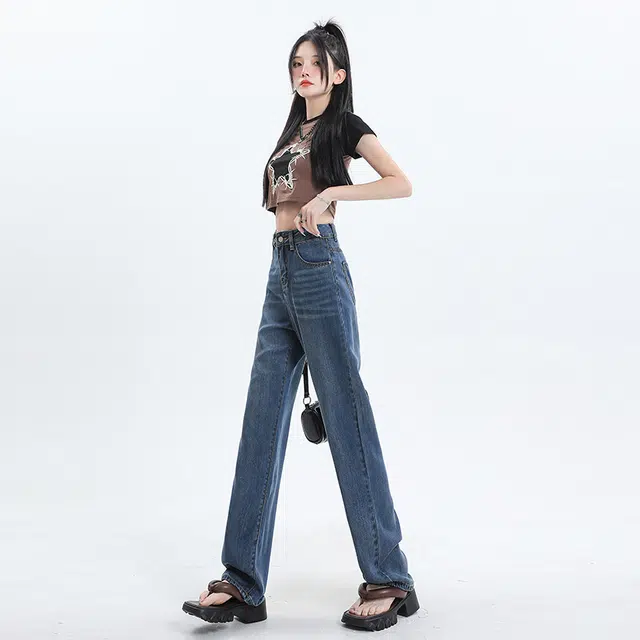 玫丝朵 薄款高腰宽松百搭阔腿垂感牛仔裤 女款