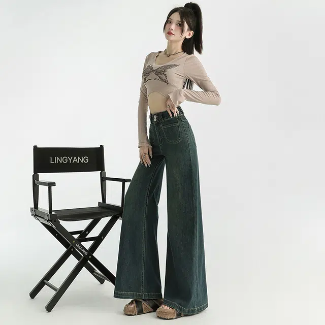 玫丝朵 美式复古辣妹风百搭舒双扣高腰宽松显瘦阔腿拖地牛仔裤 女款