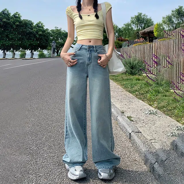 玫丝朵 美式复古做旧设计时尚简约百搭宽松直筒垂感裤子女夏季牛仔裤 女款