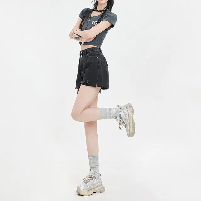 玫丝朵 美式基础款设计感高腰百搭修身气质牛仔短裤 女款