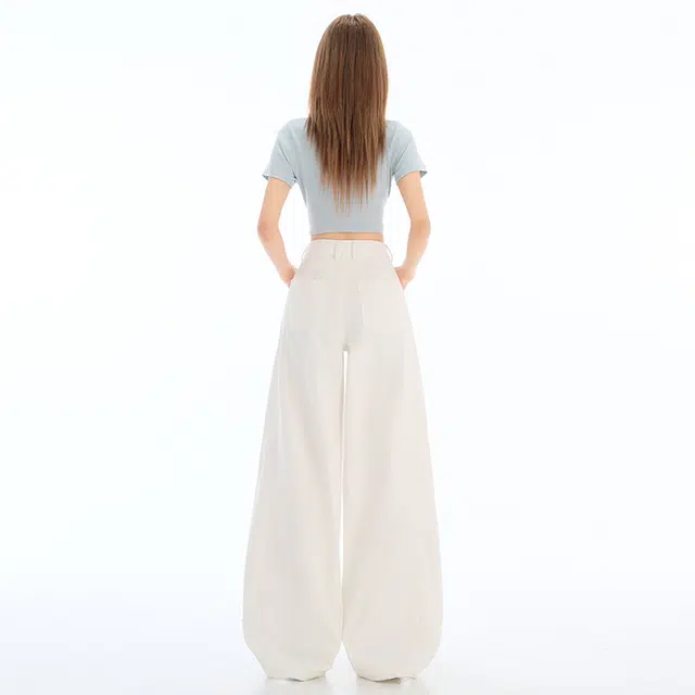 玫丝朵 时尚舒适宽松阔腿弯刀拖地牛仔裤 女款