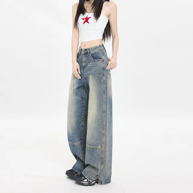 玫丝朵 美式复古小众设计线条阔腿宽松高街拼接设计开叉直筒牛仔裤 女款