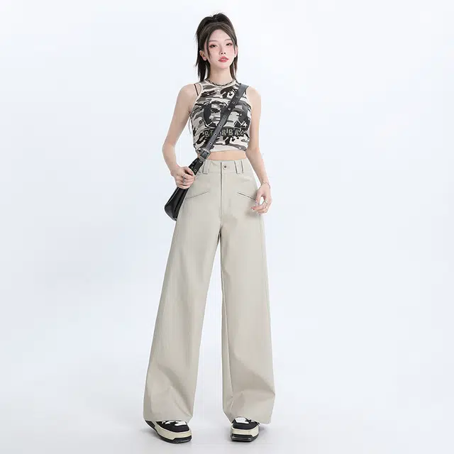 玫丝朵 简约纯色高腰宽松直筒垂感阔腿休闲裤 女款