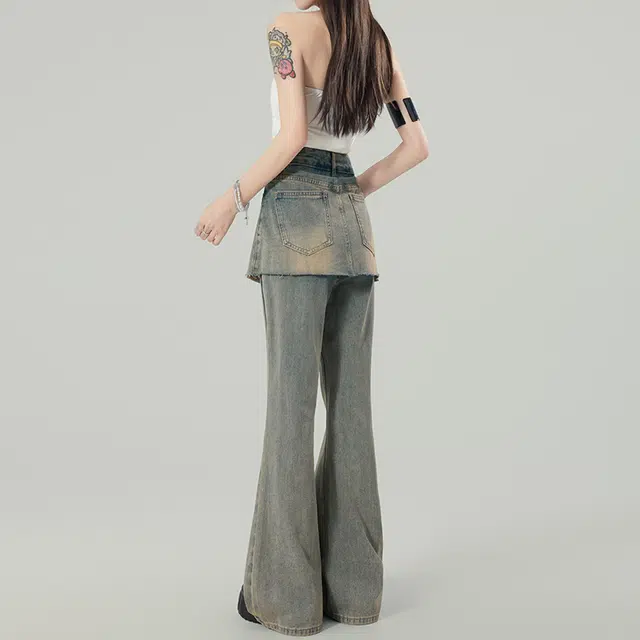 玫丝朵 美式怀旧小众假两件设计喇叭裤女夏季时尚百搭直筒垂感拖地牛仔裤 女款