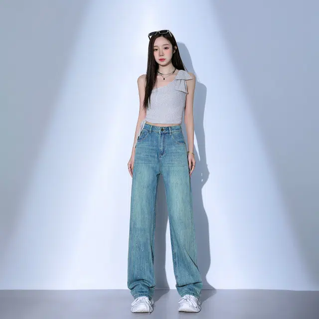 玫丝朵 美式潮流设计时尚百搭宽松阔腿牛仔裤 女款 烫钻孔雀绿