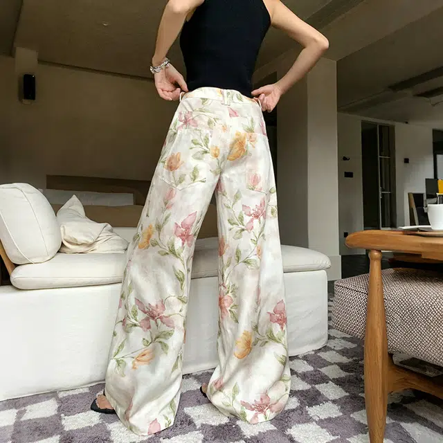 玫丝朵 韩系老钱风松弛感裤子女夏季薄款时尚花卉百搭宽松直筒拖地休闲裤 女款