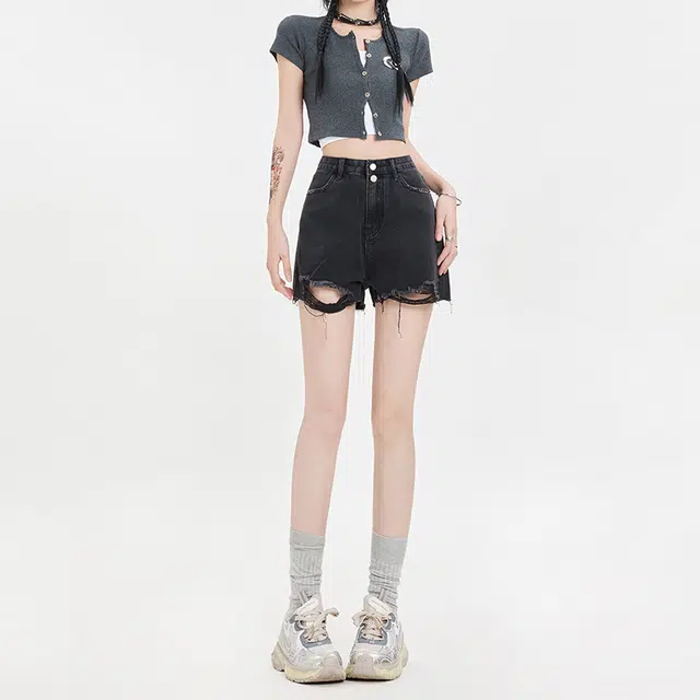 玫丝朵 美式基础款设计感高腰百搭修身气质牛仔短裤 女款