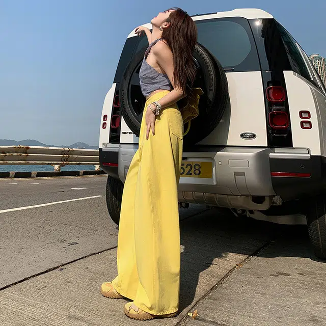 玫丝朵 美式复古百搭宽松褶皱设计阔腿休闲直筒牛仔裤 女款