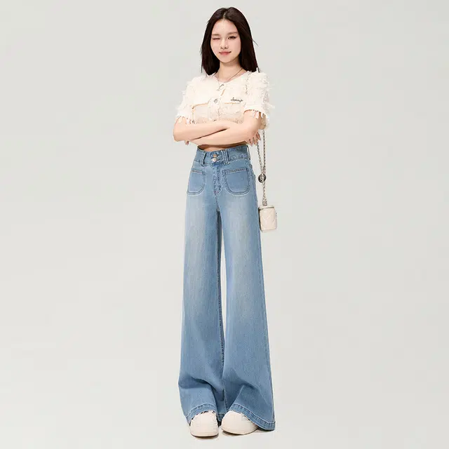 玫丝朵 美式复古时尚百搭舒适慵懒双扣高腰宽松显瘦阔腿拖地 牛仔裤 女款