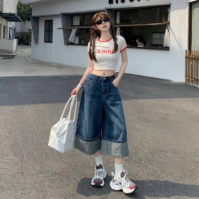 玫丝朵 美式复古高腰宽松气质百搭七分裤牛仔短裤 女款