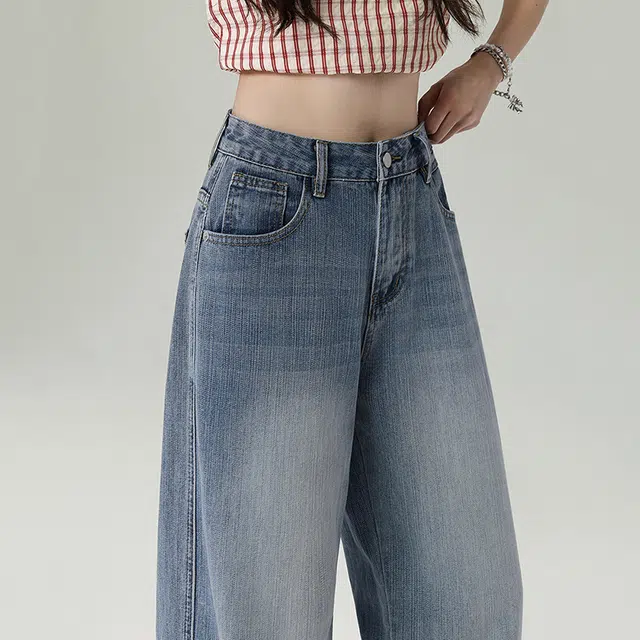 玫丝朵 美式复古高腰宽松直筒裤竹节纹面料简约百搭显瘦舒适休闲牛仔裤 女款