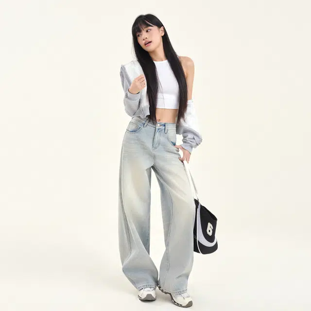 玫丝朵 街头做旧水洗磨破抓痕磨白直筒牛仔裤 女款 浅蓝色