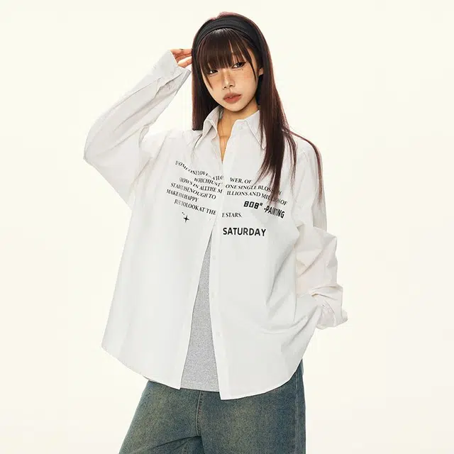 玫丝朵 字母印花设计学院风休闲长袖衬衫 女款 白色