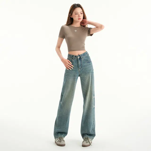 玫丝朵 美式复古怀旧高腰宽松舒适直筒牛仔裤 女款
