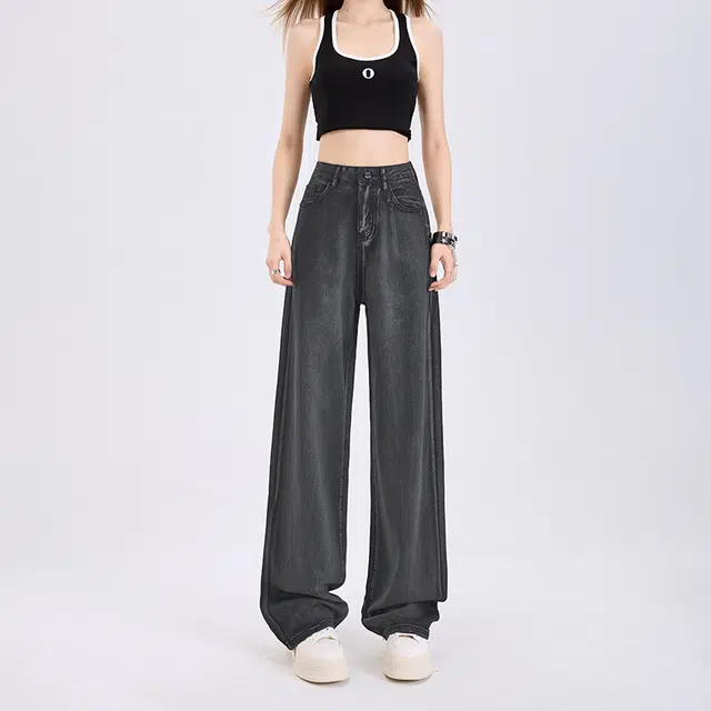 玫丝朵 百搭宽松高腰阔腿牛仔裤 女款 高级灰