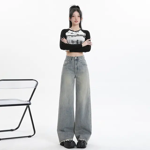玫丝朵 复古高腰拉链宽松直筒牛仔裤 女款 怀旧蓝
