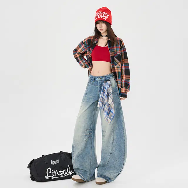 玫丝朵 美式复古高街小众拼接设计低腰宽松阔腿弯刀牛仔裤 女款