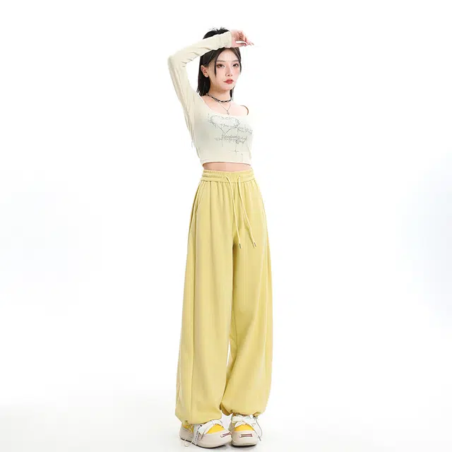 玫丝朵 宽松阔腿裤高腰抽绳束脚休闲裤 女款