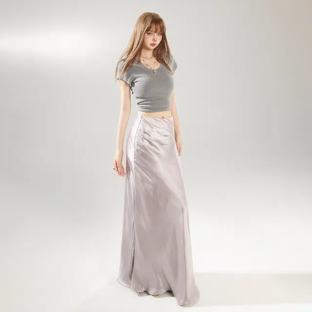 玫丝朵 流光极简丝滑垂感半身裙百搭修身休闲长裙 女款 紫色