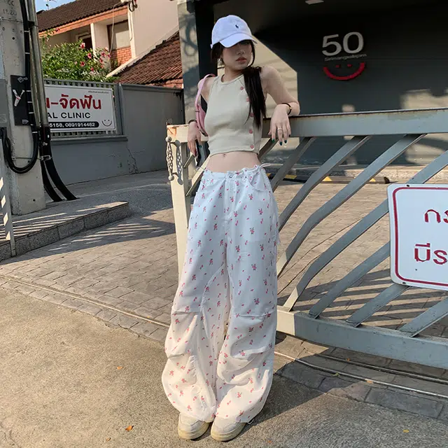 玫丝朵 美式时尚清丽原生感百搭宽松抽绳工装休闲裤 女款