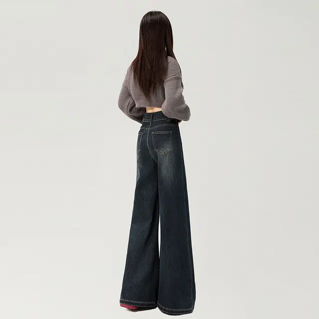 玫丝朵 美式复古辣妹风百搭慵懒双扣高腰宽松显瘦阔腿拖地牛仔裤 女款