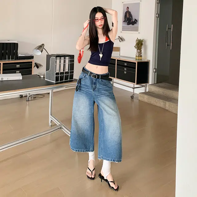 玫丝朵 美式复古做旧设计高腰宽松直筒阔腿七分牛仔短裤 女款
