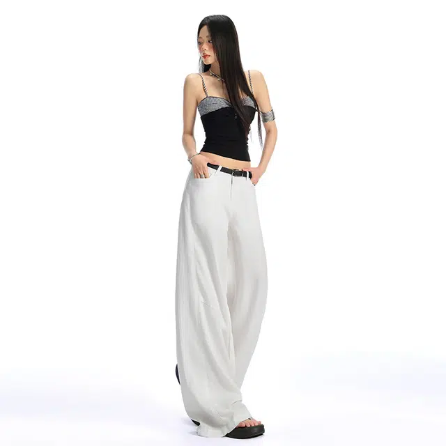 玫丝朵 美式纯色弯刀设计简约百搭宽松阔腿牛仔裤 女款