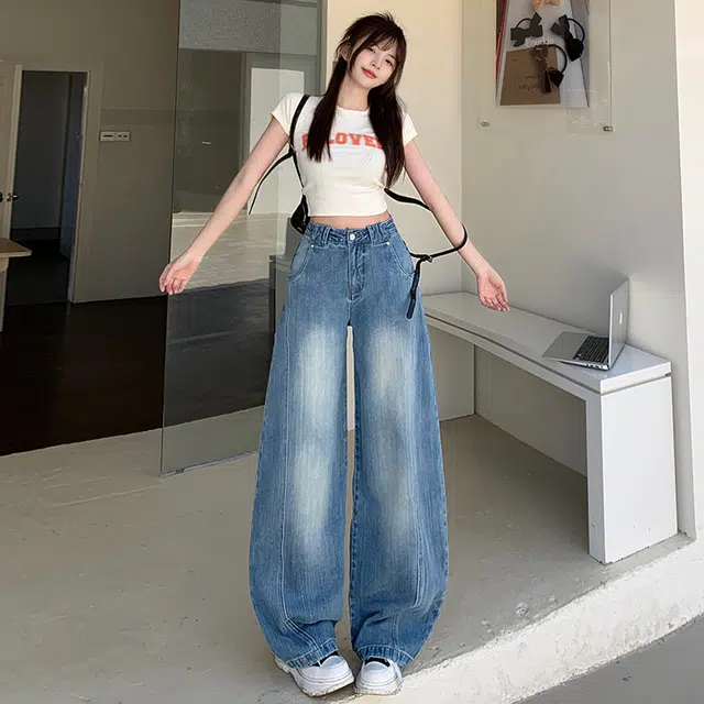 玫丝朵 美式复古慵懒风百搭高腰宽松阔腿弯刀牛仔裤 女款