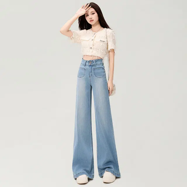 玫丝朵 美式复古时尚百搭舒适慵懒双扣高腰宽松显瘦阔腿拖地 牛仔裤 女款