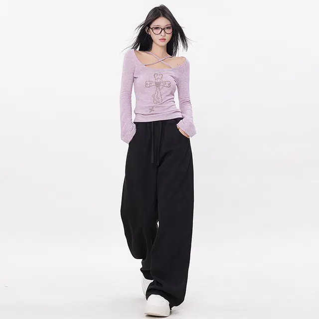 玫丝朵 简约百搭弯刀裤设计高腰宽松阔腿休闲裤 女款 白色