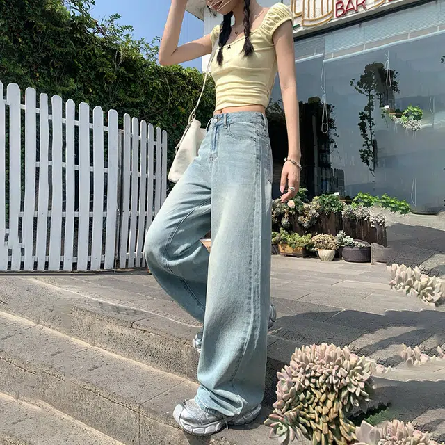 玫丝朵 美式复古做旧设计时尚简约百搭宽松直筒垂感裤子女夏季牛仔裤 女款
