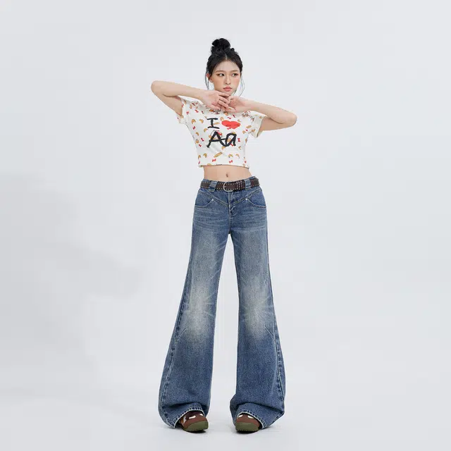 玫丝朵 美式经典时尚设计阔腿减龄百搭宽松牛仔裤 女款 复古蓝