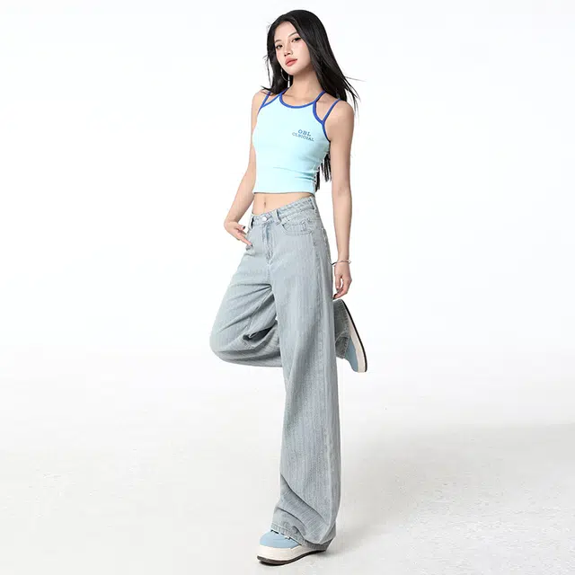 玫丝朵 经典复古宽松百搭阔腿设计牛仔裤 女款