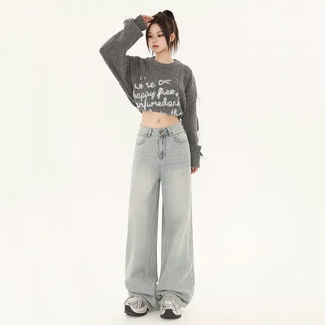 玫丝朵 水洗复古高腰宽松阔腿牛仔裤 女款 怀旧蓝