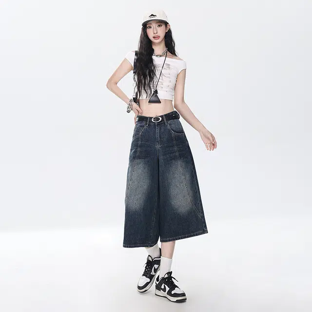 玫丝朵 美式复古高腰宽松七分直筒牛仔短裤  女款