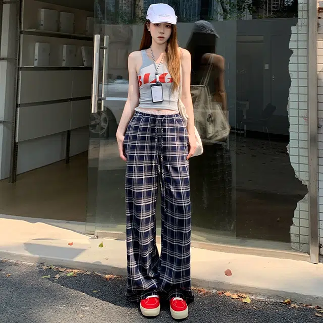 玫丝朵 美式慵懒风高腰蕾丝直筒显瘦阔腿休闲裤 女款