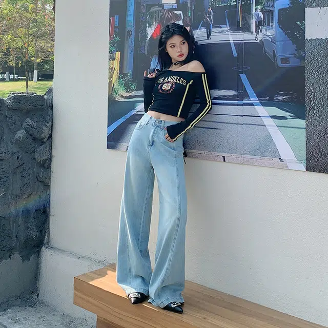 玫丝朵 美式复古做旧简约设计宽松百搭直筒垂感阔腿牛仔裤 女款