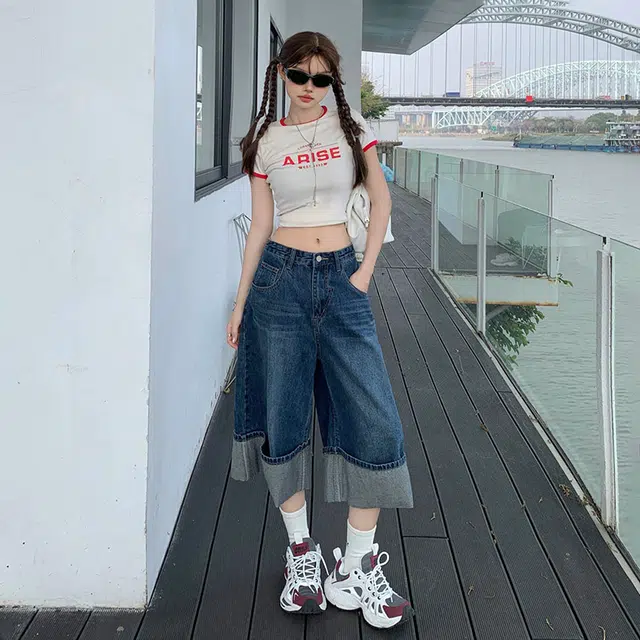 玫丝朵 美式复古高腰宽松气质百搭七分裤牛仔短裤 女款