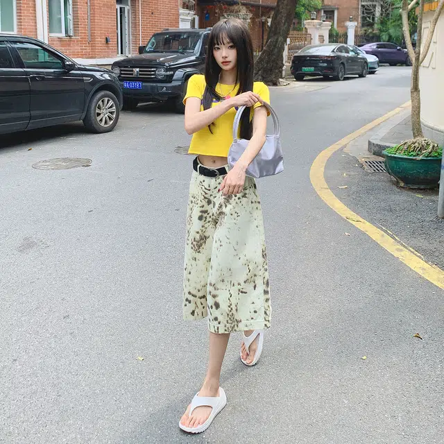 玫丝朵 小众美式豹纹阔腿宽松高腰牛仔短裤 女款