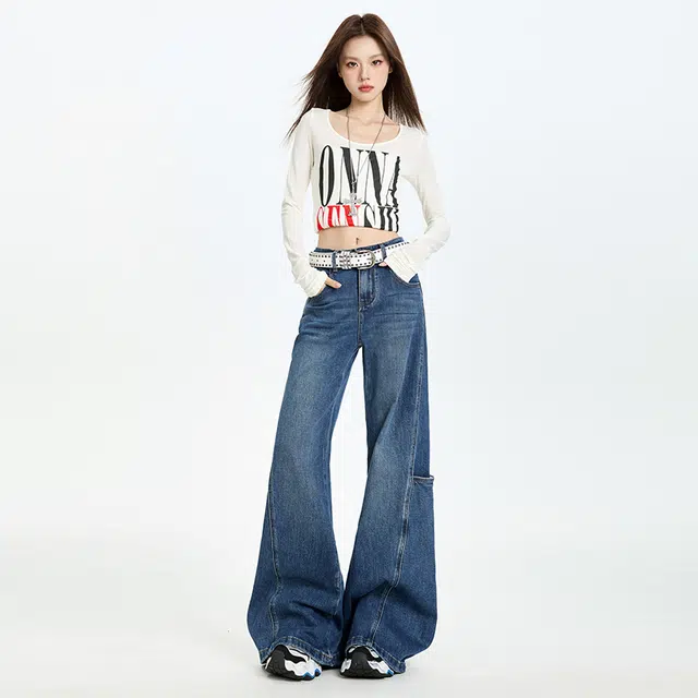 玫丝朵 韩系新潮慵懒风通勤百搭简约立体裁剪侧口袋高腰宽松阔腿牛仔裤 女款