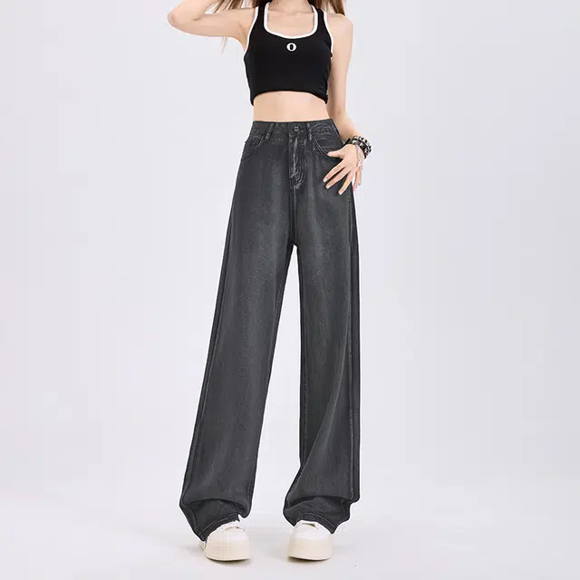 玫丝朵 百搭宽松高腰阔腿牛仔裤 女款 高级灰