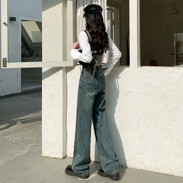 玫丝朵 美式复古学院风做旧高腰宽松直筒牛仔裤 女款